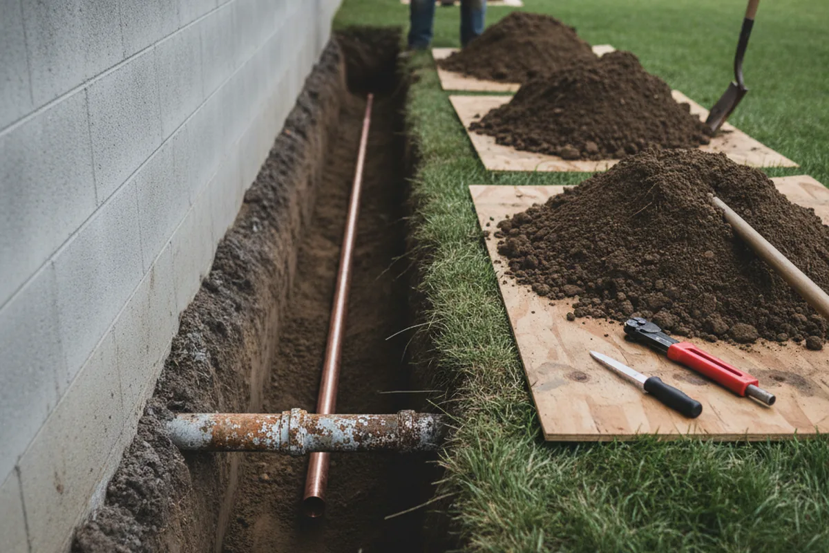 Excavated water line trench during Sewer Line Repair in Kingston